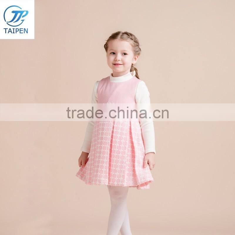 Latest Design Girl's Pink Party Dress With Lace And Pleated Sleeveless Woolen Dress