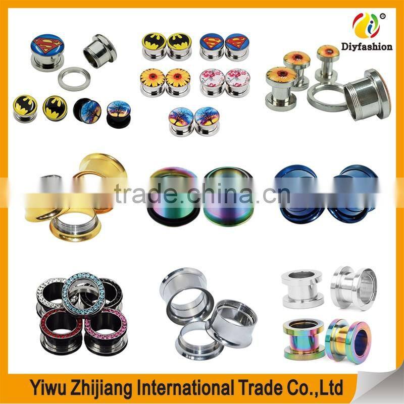 Stainless Steel Multi-Colored Single Row Gem Screwd Flesh Tunnel Ear Tunnels