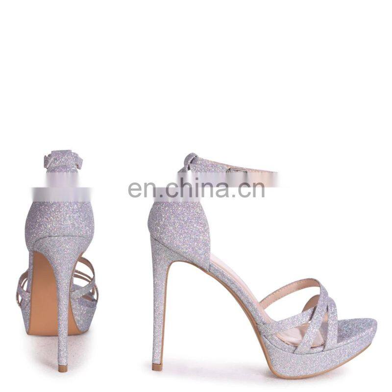 Silver unique design glitter ladies high stiletto heels platform multiple front strap sandals women footwear shoes