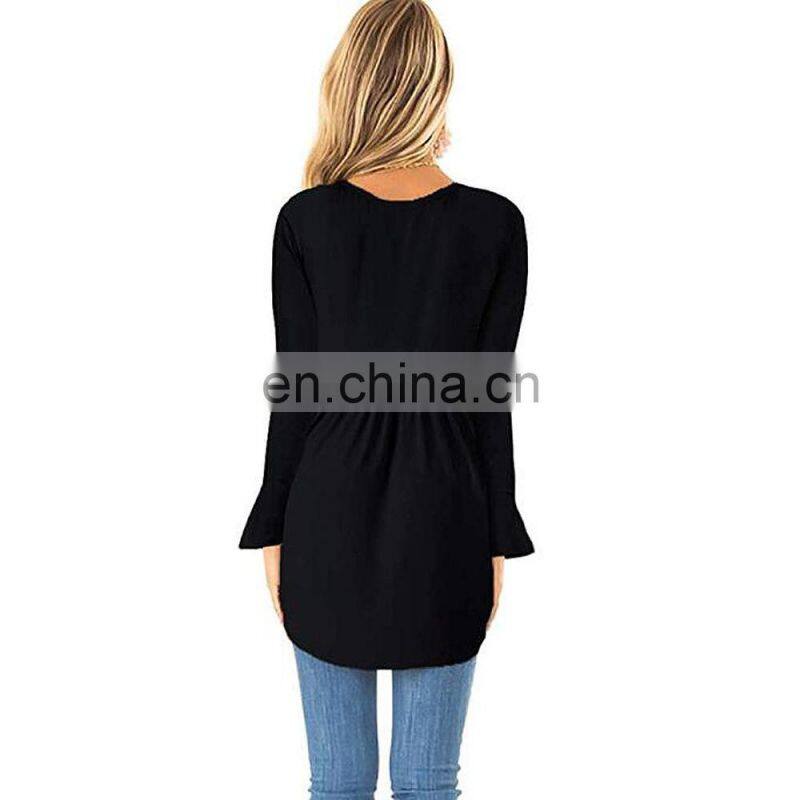 Wholesale custom women's tops Western style Spring and Autumn new fashion Solid color Round neck Long sleeve