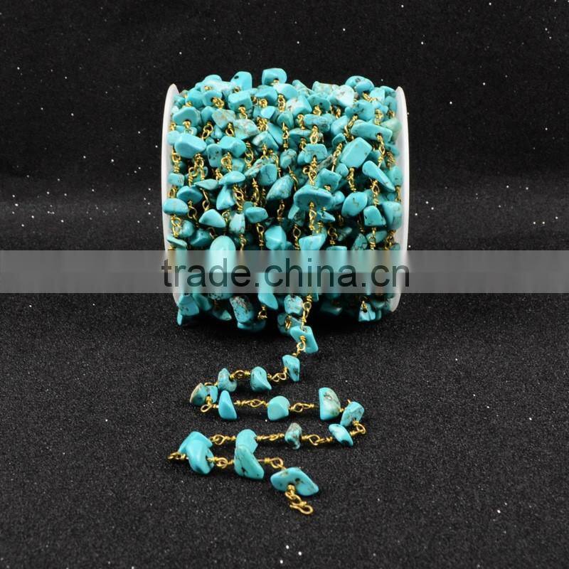 Blue Turquoise Rosary Beads Chain Wire Wrapped Handmade Chain