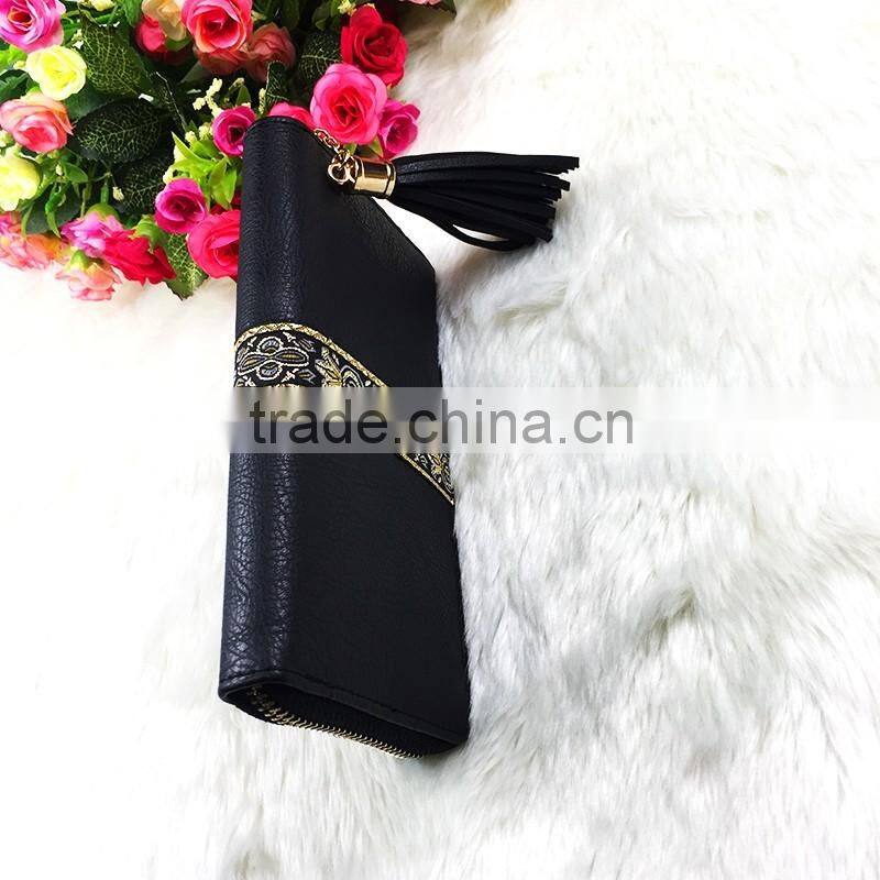 High Quality New Fashion Long Black Women Flower Leather PU Designer Wallet