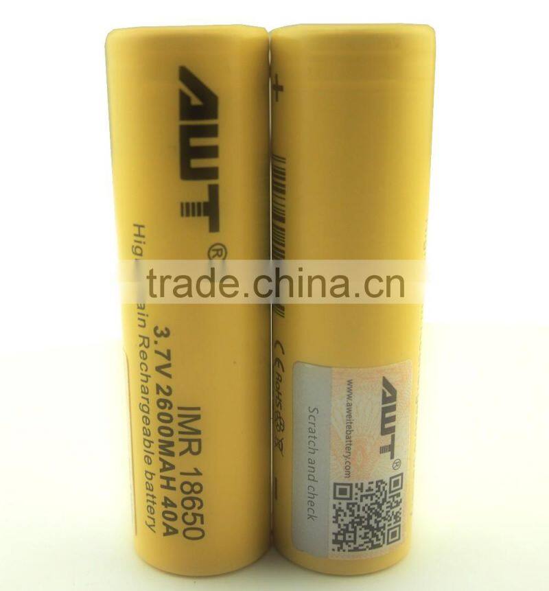 AWT Yellow 18650 2600mah 40A Subox mini vape mod box mod 200w vape pen battery & stab wood box mod awt 18650 high drain