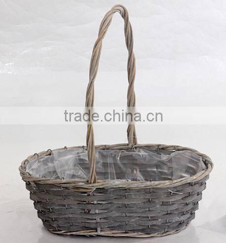 3pcs oval grey wicker flower baskets /potswith handle