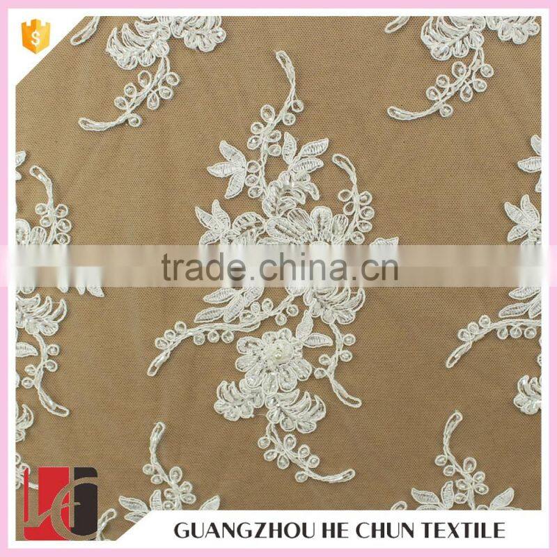 HC-5612-1 Hechun Bead Hand Embroidery Designs Woven Bridal Lace Fabric for Woman Dress