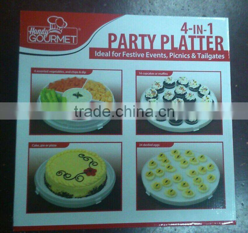 4-in-1 Portable Plastic Party Platter with Lid - Cupcake Carrier / Egg Holder / Veggie Tray / Chip and Dip Server Plate