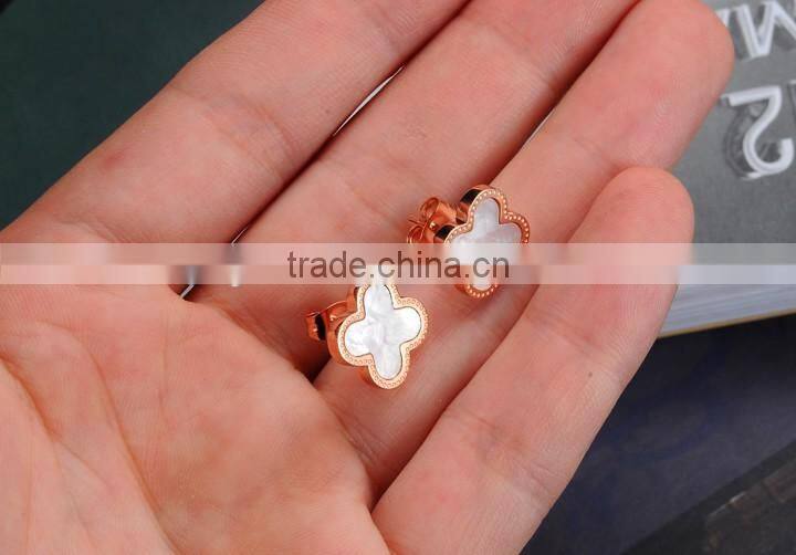 KSTONE rose gold stainless steel shell inlaid four leaf clover stud earrings