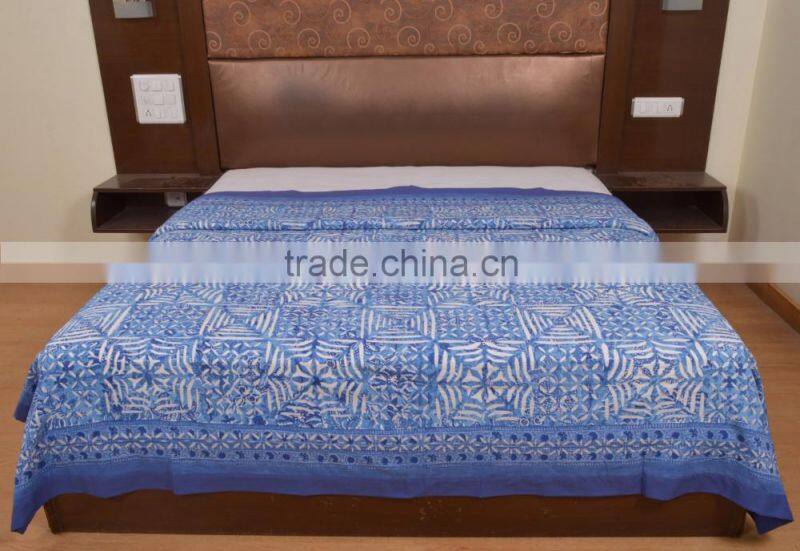 Indian Ethnic Hand Block Print Bedspread Applique Cut Work Bedding Indigo Bed Cover Throw