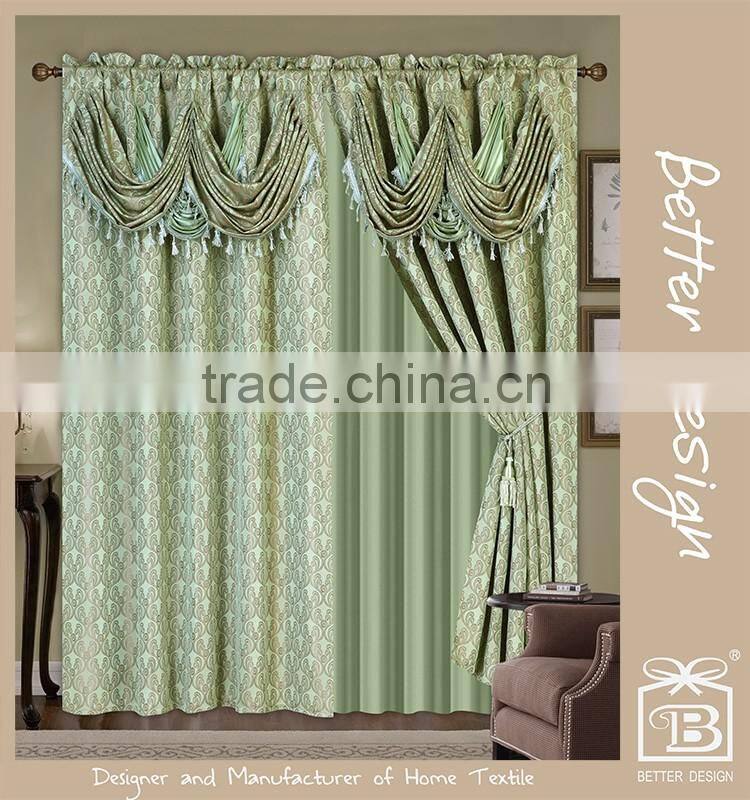 2pcs Polyester jacquard Window Curtain With Valance And Taffeta Backing And Tassels