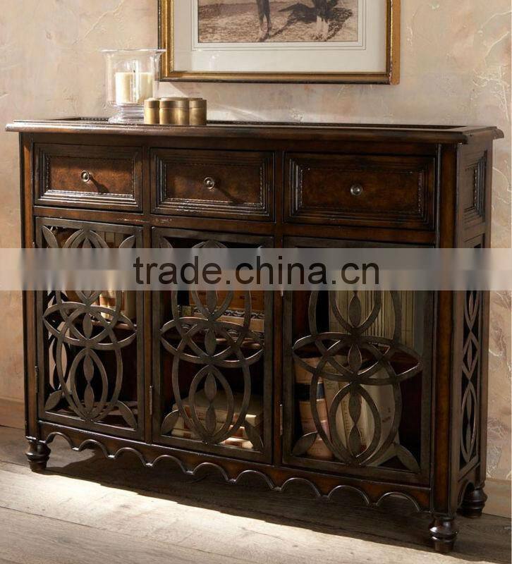 Spanish antique style wooden living room side cabinet with iron openwork doors