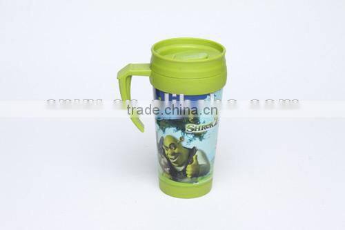 BPA free 450ml double wall plastic mug with paper insert/advertising mug with handle