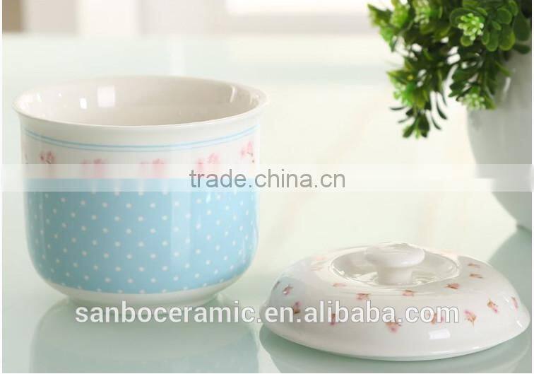 Chinese style home ceramic salt & sugar pot with lid, blue flower decal printing