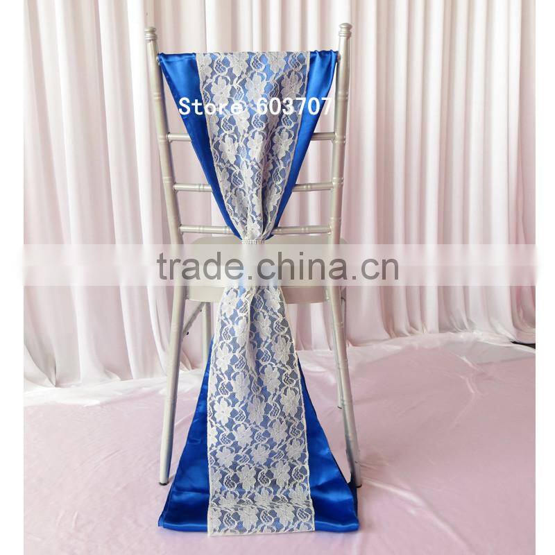 50PCS A Lot 32cm*200cm White Hard Yarn Lace & Royal Bule Satin Sash With Plastic Shinny Buckle For Wedding Use