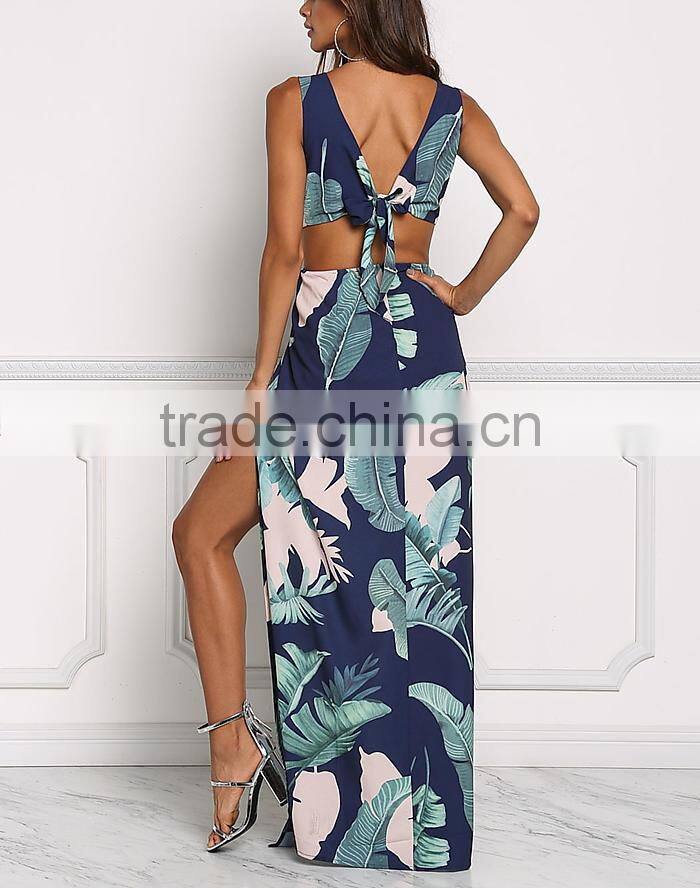 Navy Tie Back Leaf Print Women Maxi Long Party Dress Girls Without Dress Sex Picture HSd5187