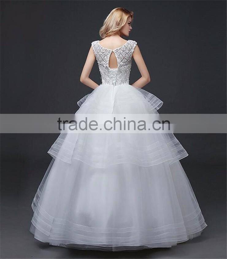 Cream Sleeveless A-line Tiered Wedding Dress Beaded Corchet Cut Out Back Crisscross Bride Grown