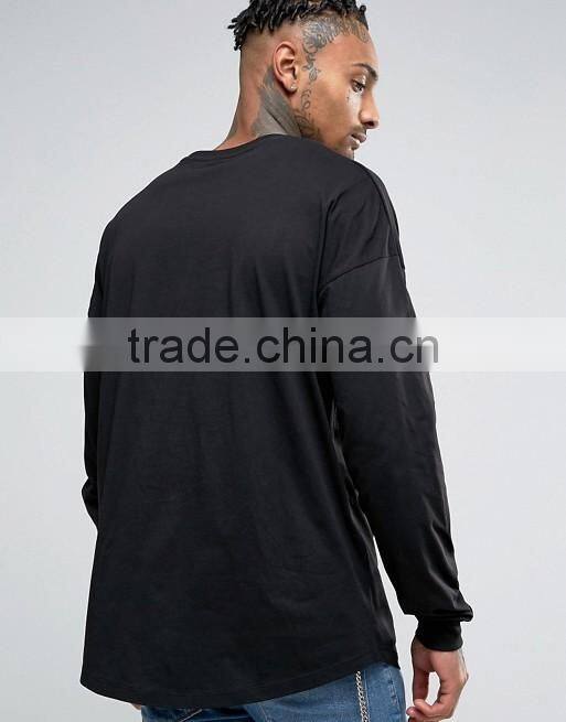 Black 100% Cotton Men's Longline Long Sleeve T-Shirt Cheap Wholesale Oversized T Shirt with Dropped Shoulers