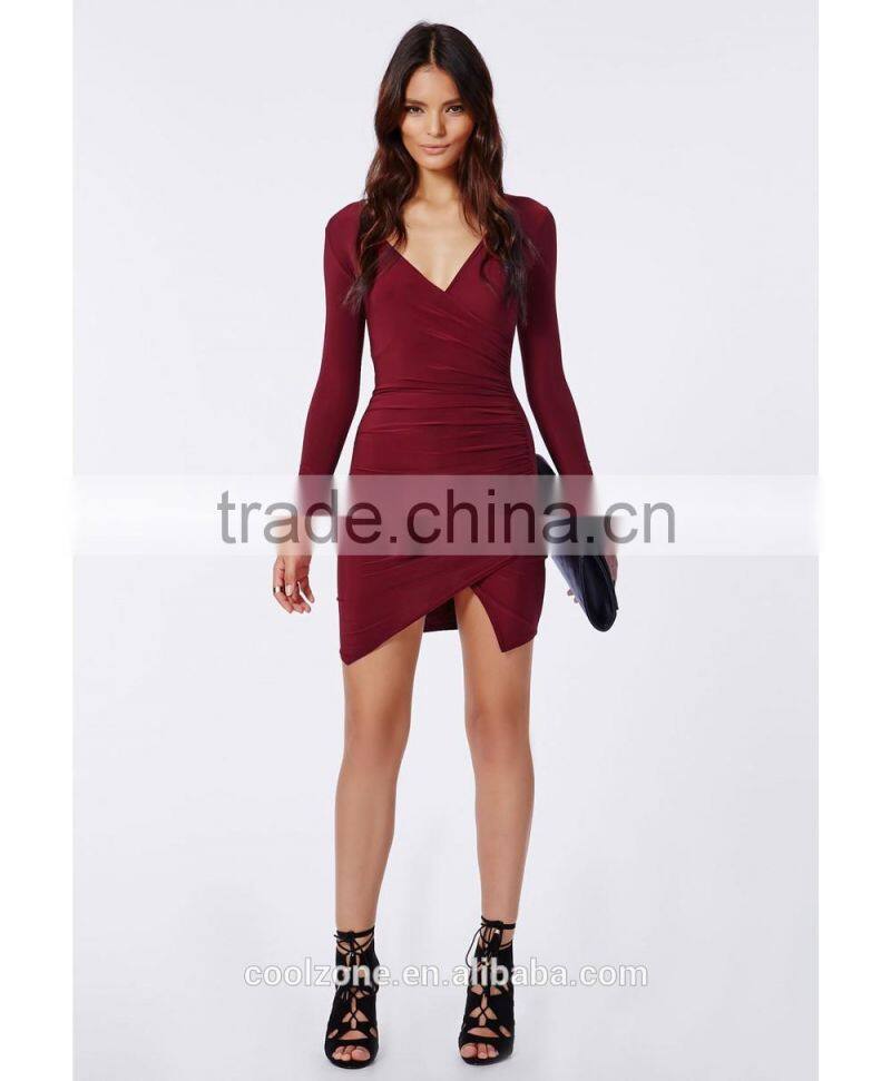 Hot bodycon fit cross over neck wrap dress with hem