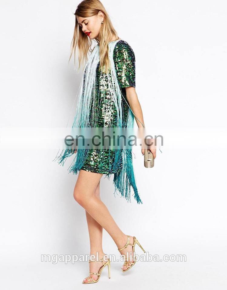 new fashion ladies short sleeves sexy low v-back t-shirt sequin embellished fringe party dress