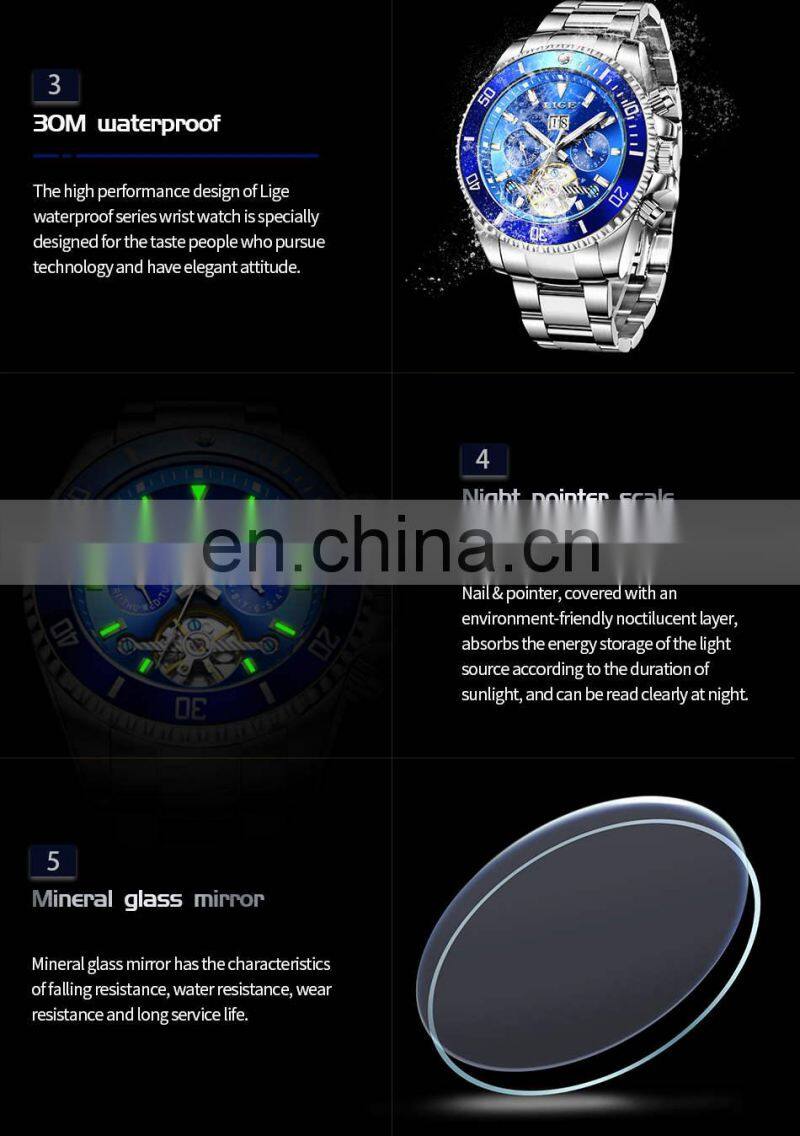 LIGE 8916 Business Watch Men Automatic Mechanical Tourbillon Luxury Fashion Stainless Steel Watches writs watches