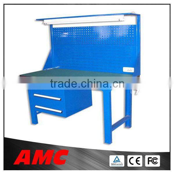Heavy duty workshop worktable with side drawer cabinets