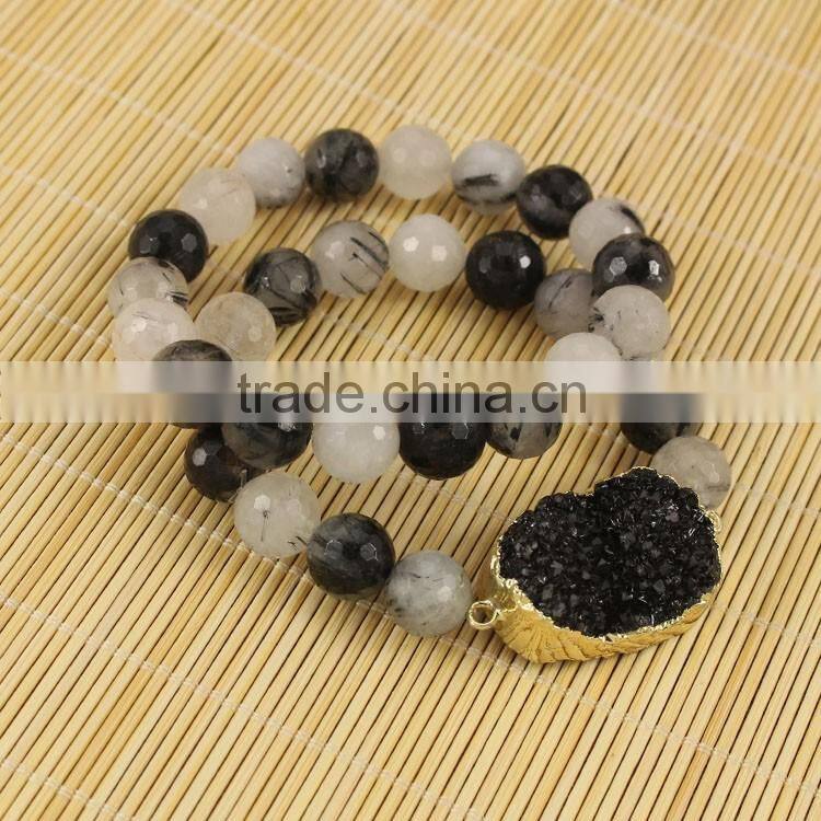 BRH1504 Boho bracelet, green turquoise beaded green druzy elastic bracelet