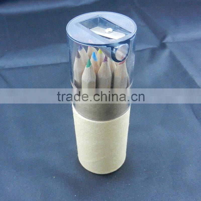 3.5" natural wood color pencil in a tube with colorful sharpener cover