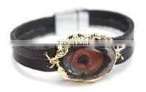 2015 Latest Fall Winter Beige Leather Strap Bracelet with Oval Gold Foiled Agate Stone Charm