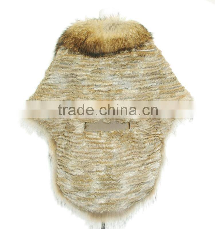 Women bat-shawl style rabbit fur shawl with raccoon fur collar,KZ14127