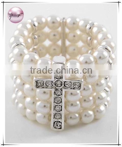 Silver Tone Black Acrylic Clear Rhinestone Cross Stretch Ring