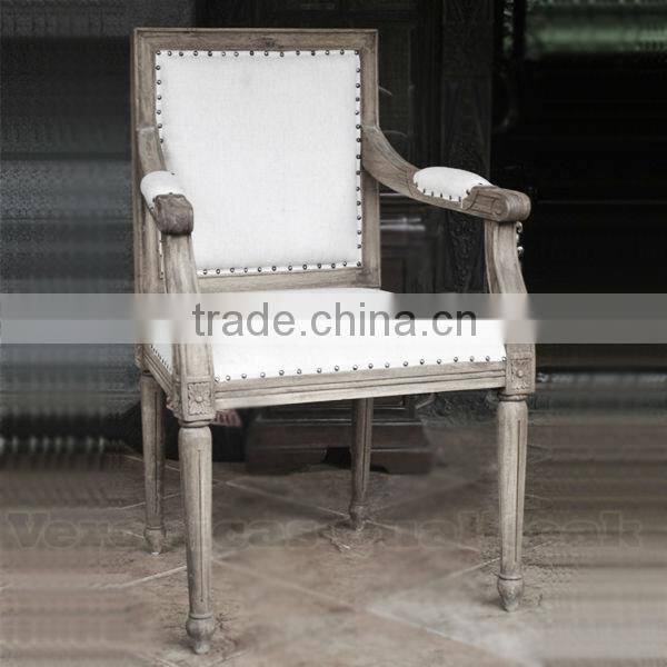 French Antique Distressed Linen Upholstered Dining Chairs