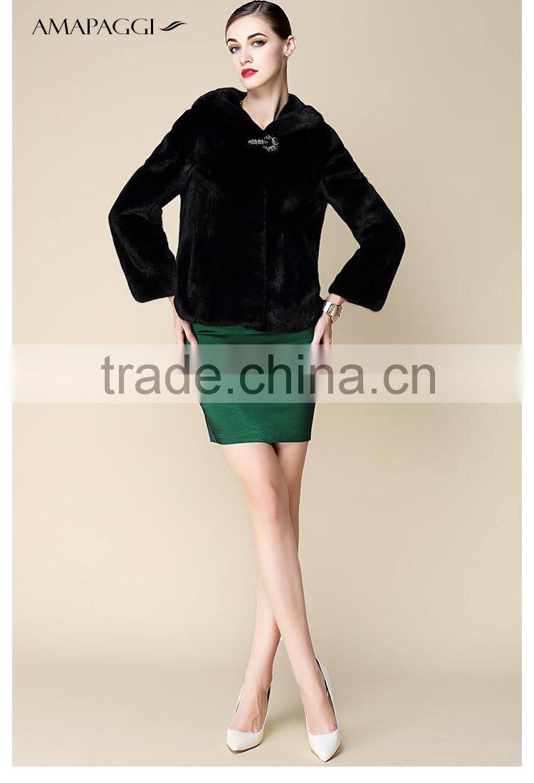 hot sale short black mink fur hooded coat for winter