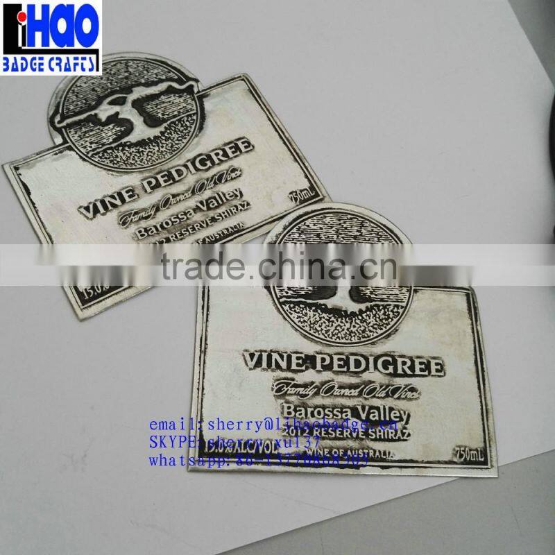 custom aluminum tin pewter embossed bottle labels,metal wine label,wine metal sticker