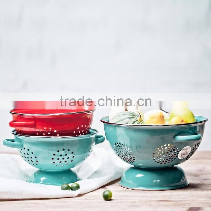 Vintage enamel metal fruit colander vegetable basket kitchen strainer with double handles