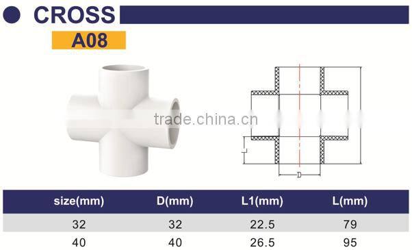 HIGH QUANLITY CROSS TEE OF PVC GB STANDARD PIPES & FITTINGS FOR WATER SUPPLY