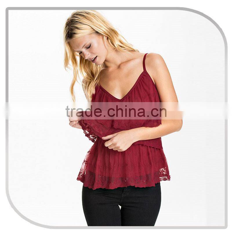 Fashion Women Lace Fabric Crochet Ruffle Womens Lace Tops For Women 2016