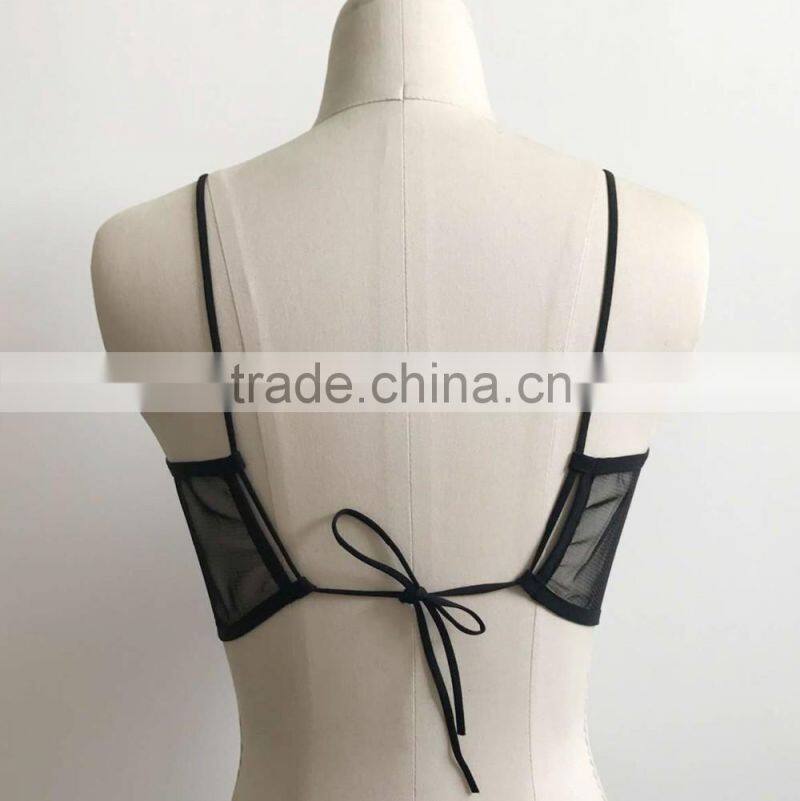 Elegant black lace crop top Summer beach backless short halter tops Sexy black party camis gauze women tank top girls short tops