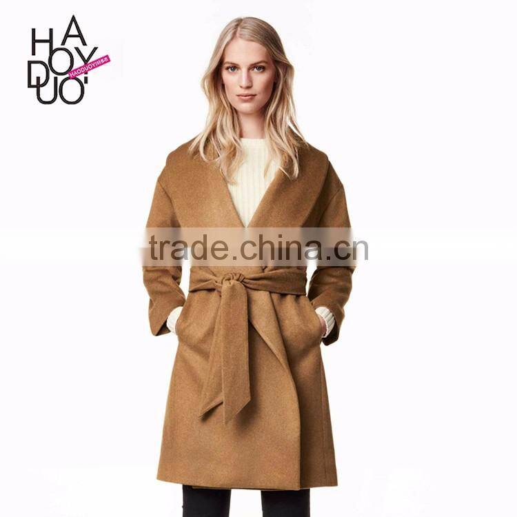 HAODUOYI Winter Women Light Tan Pockets Belt Front Trench Coat V Neck Long line Woolen Coat
