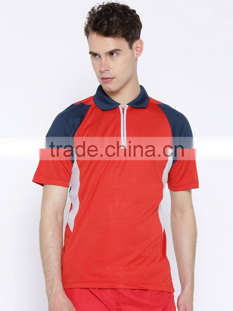 Men Red Colourblocked Spread Collar T-Shirt Stylish Spread Collar Tee Concealed Short Zip Closure Custom Mesh Polyester Material