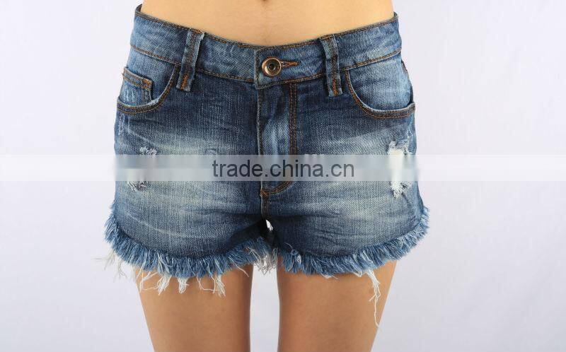 S1568 Sexy Hot Girls Dark Wash Flared Ripped Denim mini Shorts with bottom hem fringes pants