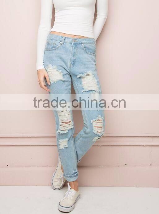 Runwaylover custom newest fashion stretch blue holes denim jeans women negotiate price