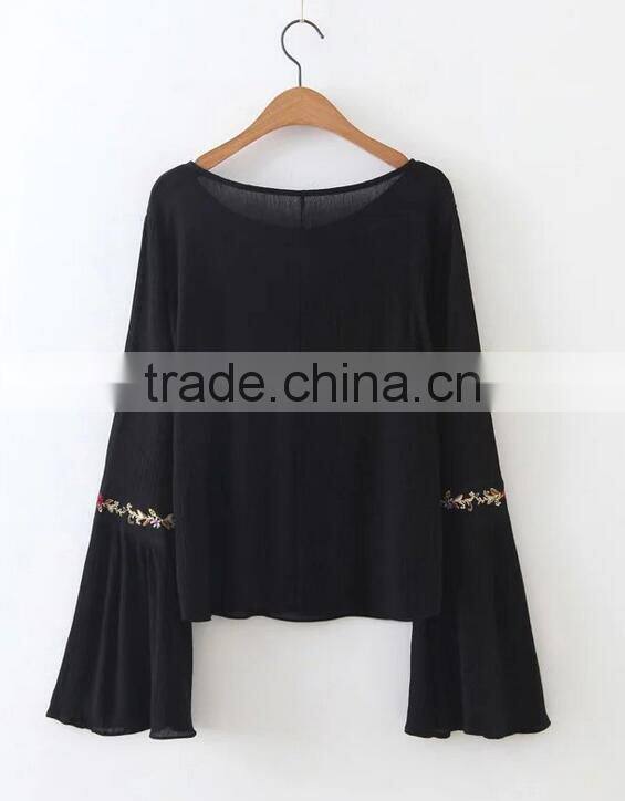 Runwaylover EY2366B Ladies Fashion Flare Sleeve Embroidery Blouse