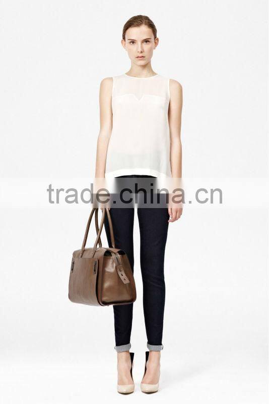 Round Neck Sleeveless Chiffon Blouse with Sheer Top