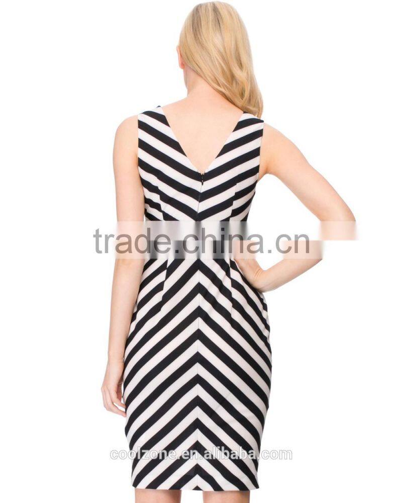 Slim fit v neck stripe print clothing wholesale lady dress cotton design