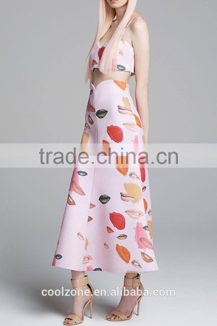 2015 New fashion Sulty Lips Print Midi Long Women Skirt Wholesale
