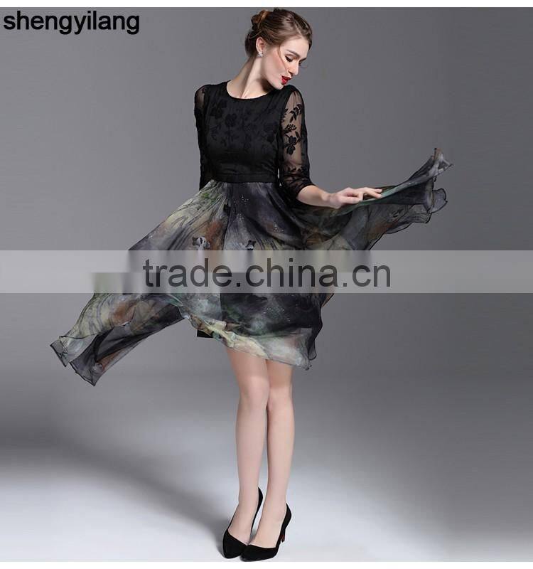 2016 spring summer retro lace silk slim A-line luxury guanzghou dress