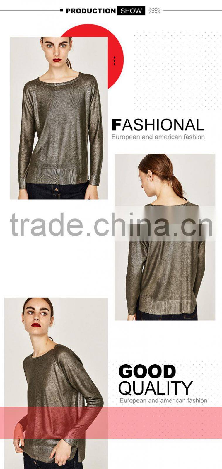 Women's metallic yarn mondren knitting loose sweater with high quality