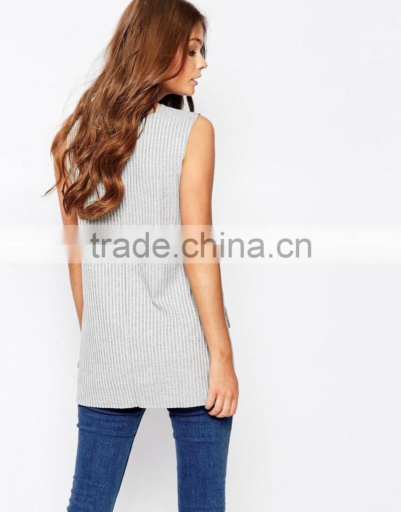 2016 Guangzhou Shandao OEM Custom Summer Women Sexy Sleeveless Deep V Neck Striped Cotton Latest Fashion Long Top Design