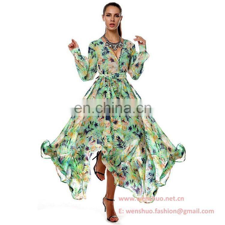 Hot Selling Big Flap Printed Long Sexy Women Chiffon Dress