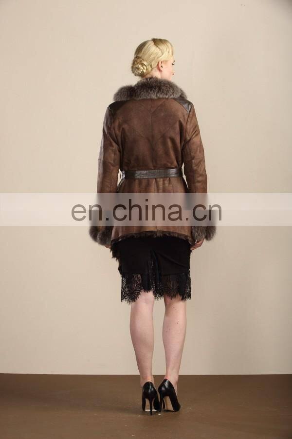Elegant Style Sheep Fur Leather Overcoat Double Face Fur Coat Fox Fur Hooded Lamb Fur Skirt Jacket
