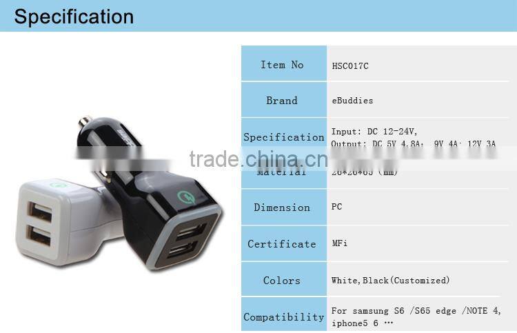 36 Watt Qualcomm Certified Quick Charge 3.0 Dual USB Car Charger with Quick Charge 2.0 Technology for Samsung S6 Edge Note 5